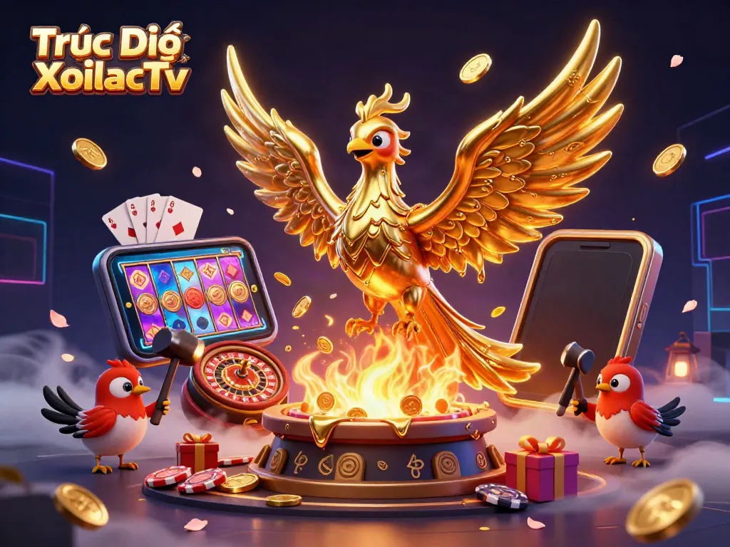 Experience Trực Tiếp XoilacTv with a vibrant gambling scene featuring a molten phoenix and slot games.