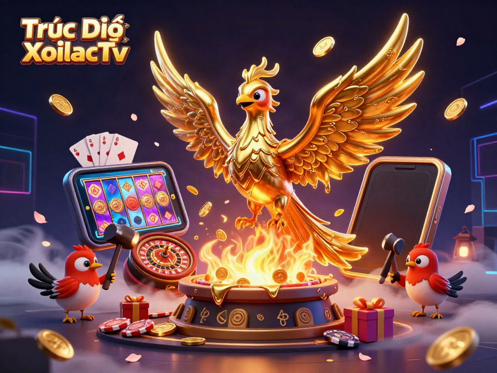 Experience Trực Tiếp XoilacTv with a vibrant gambling scene featuring a molten phoenix and slot games.
