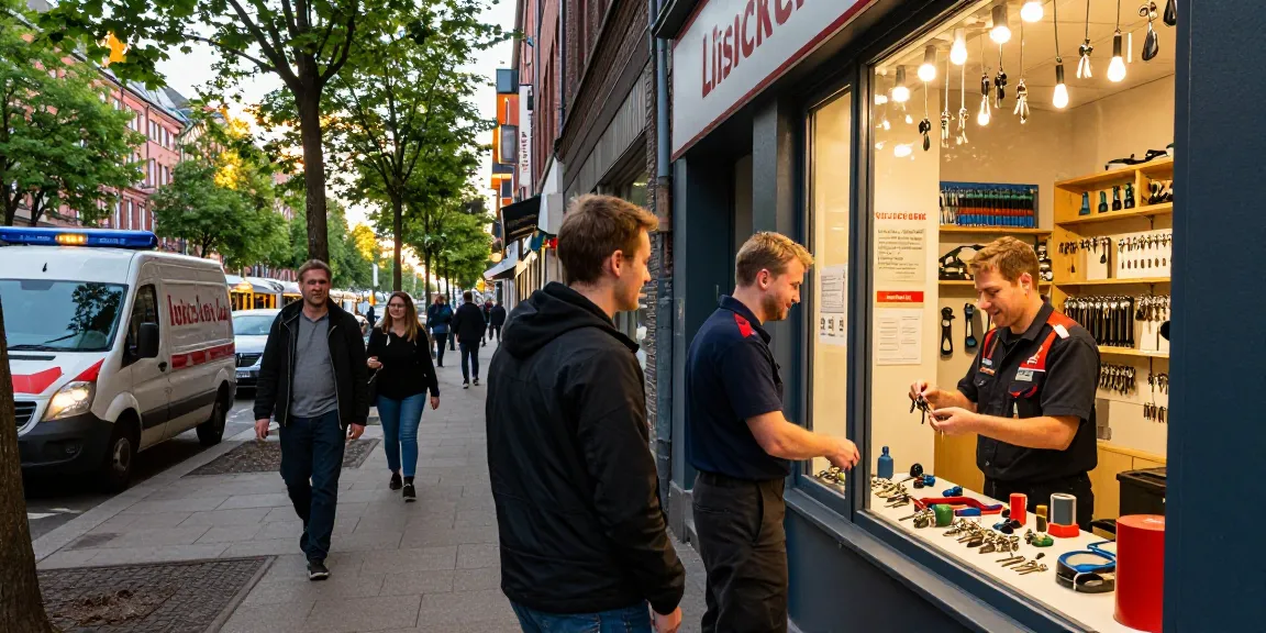 Schlüsseldienst Hamburg bei der Kundenberatung in lebhafter Stadtumgebung.