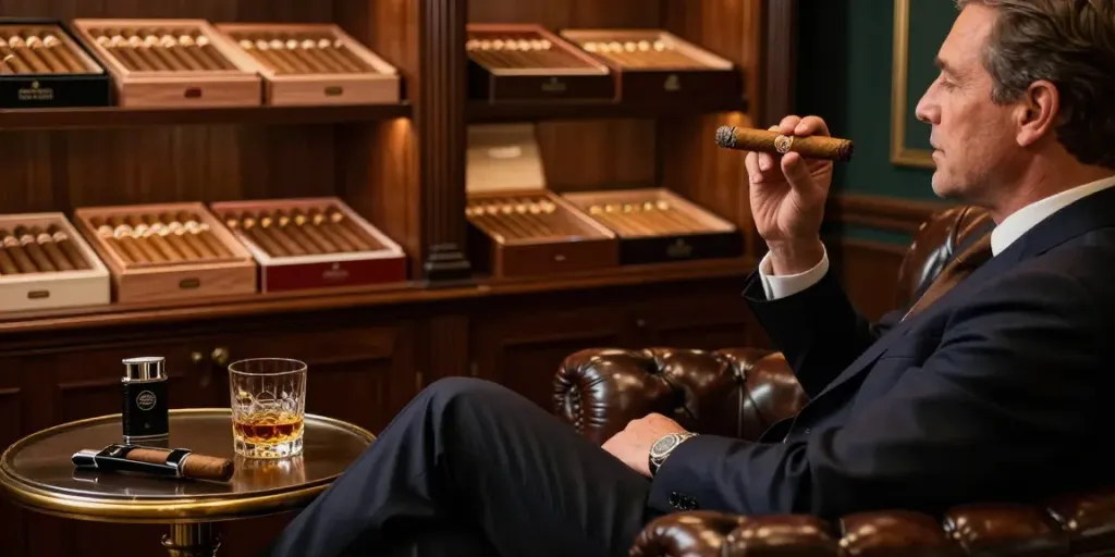 Genießen Echte kubanische Zigarren in luxuriösem Zigarrenlounge mit Whiskey.