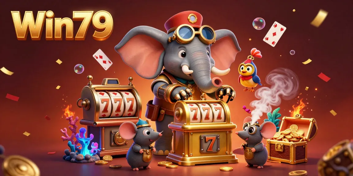 Engaging scene showcasing Win79's steampunk elephant character joyfully operating a golden slot machine, surrounded by festive elements from classic casino gaming.