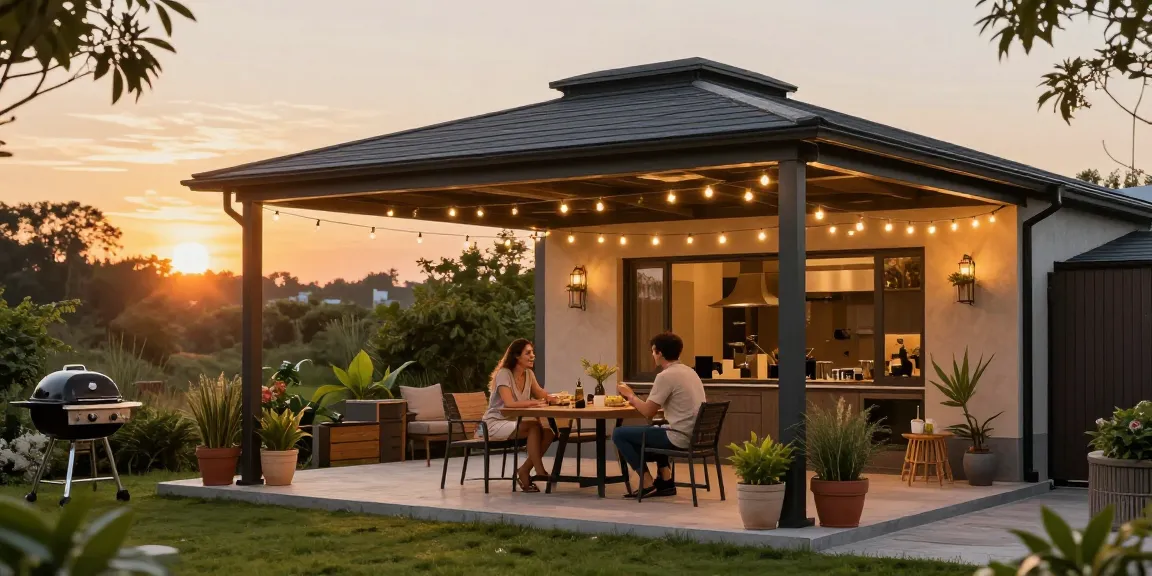 Moderne freistehende Terrassenüberdachung mit Lichtern und Sitzgelegenheiten im Garten.