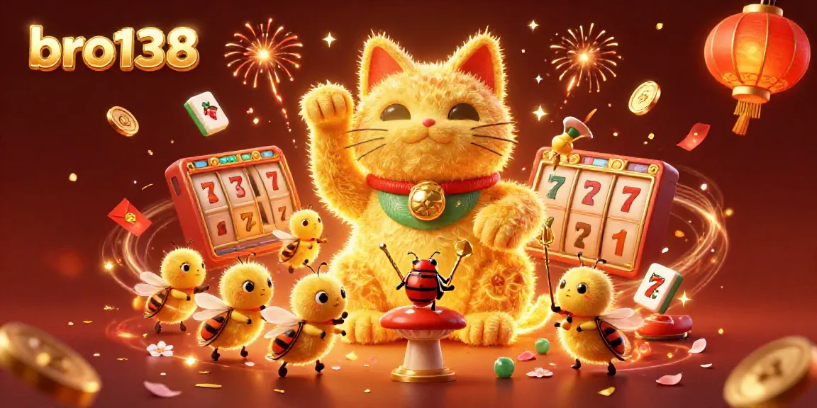 Engage with bro138's vibrant casino scene featuring a lucky cat and animated symbols.