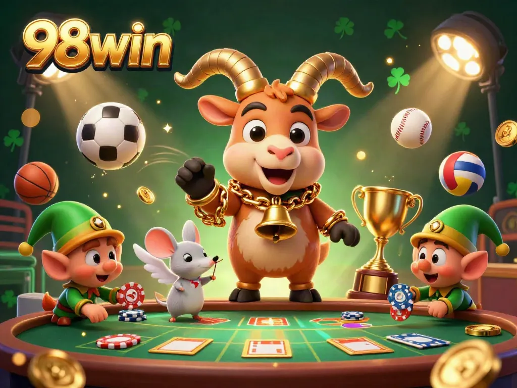 Experience the thrilling atmosphere of 98win’s casino with playful characters in a vibrant 3D scene.