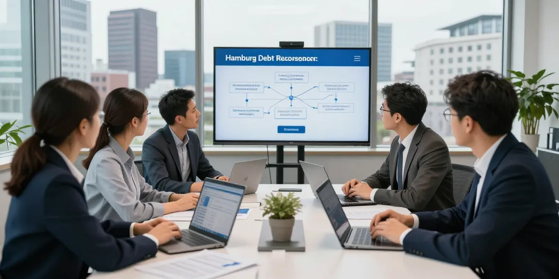 Team meeting discussing Hamburg Inkassobüro strategies in a modern office.