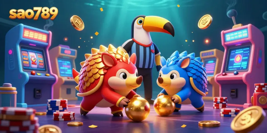 Engage with the thrilling world of sao789 featuring rival pangolins bowling through poker chips in a vivid casino gaming scene.