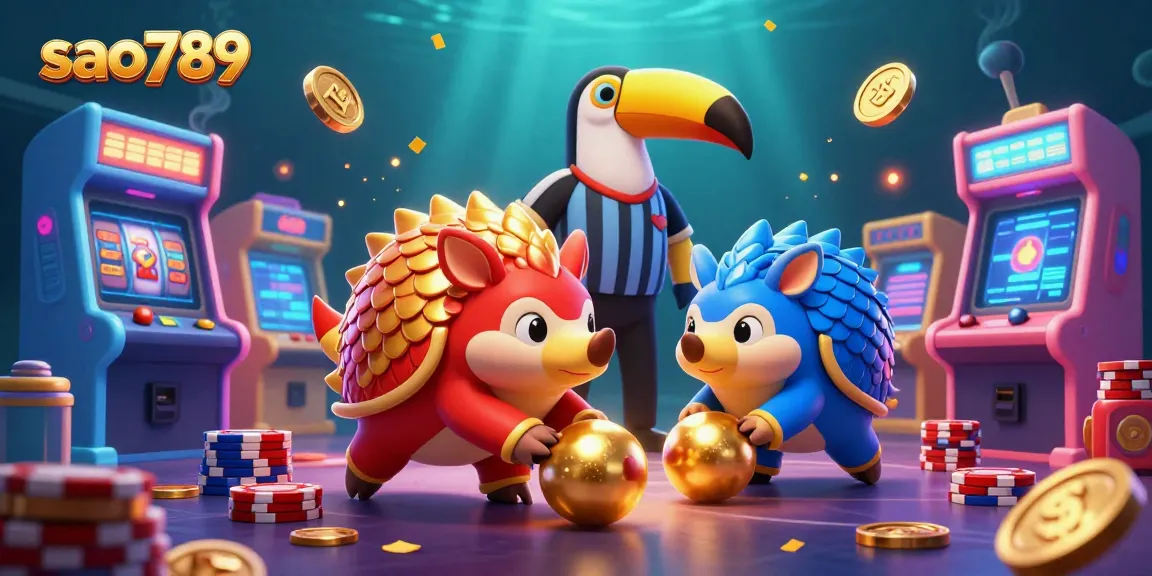 Engage with the thrilling world of sao789 featuring rival pangolins bowling through poker chips in a vivid casino gaming scene.