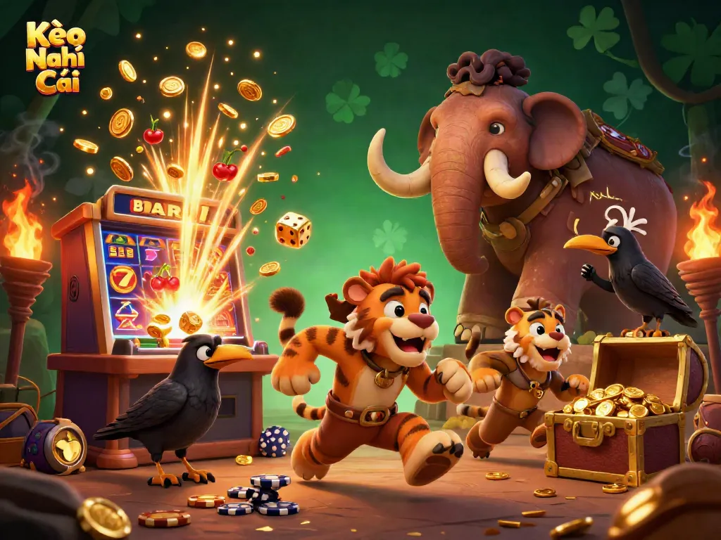 Kèo Nhà Cái illustrated scene with caveman duo, slot machine explosion, and golden elements.
