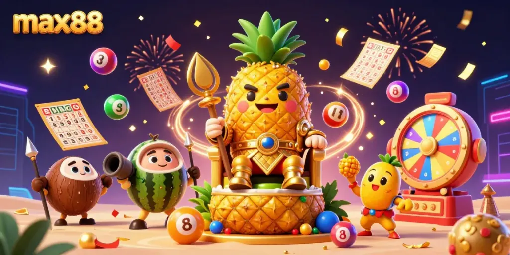 Engage in thrilling gaming fun with max88 featuring a golden pineapple king ruling a vibrant casino world.