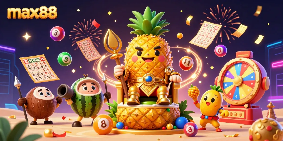 Engage in thrilling gaming fun with max88 featuring a golden pineapple king ruling a vibrant casino world.
