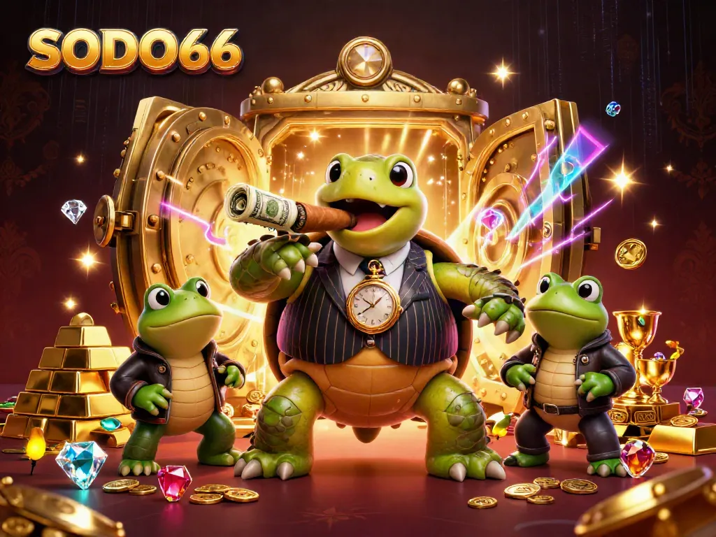 SODO66 character scene with a snapping turtle in a mobster suit, flanked by bullfrogs, amidst a sparkling treasure vault