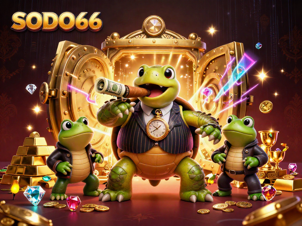 SODO66 character scene with a snapping turtle in a mobster suit, flanked by bullfrogs, amidst a sparkling treasure vault