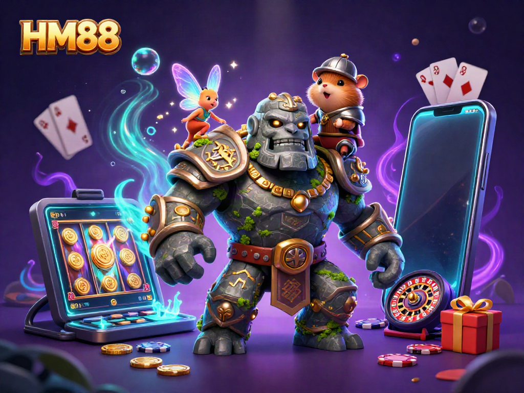 Experience the magic of HM88 with a guardian golem and companions celebrating casino games.