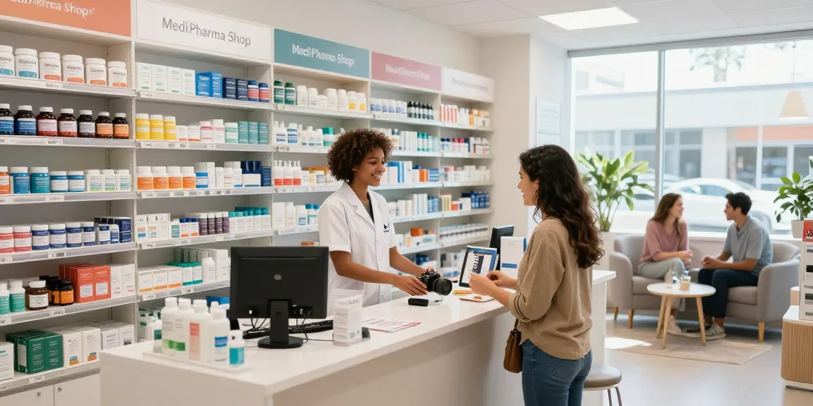 Kunden erkunden einen gut sortierten Medi Pharma Shop mit Gesundheits- und Wellnessprodukten in einer hellen Atmosphäre.