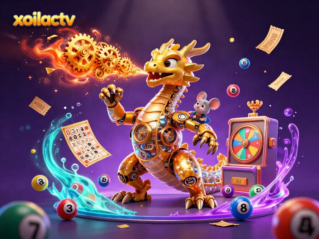 Xoilactv showcases a golden dragon and mouse engineer in a vibrant casino illustration filled with spinning prize elements.