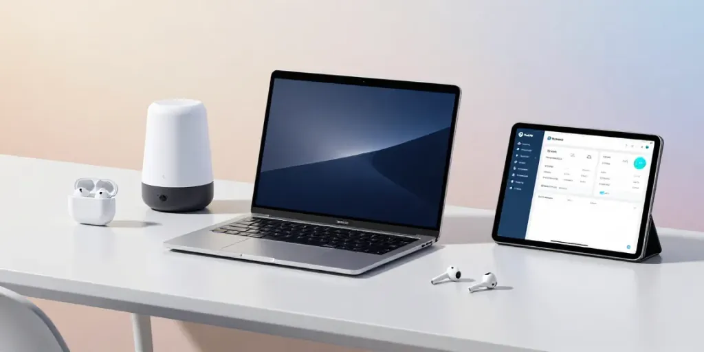Innovative Gadgets für moderne Softwareentwicklung und Cloud-Lösungen in einem minimalistischen Büro.
