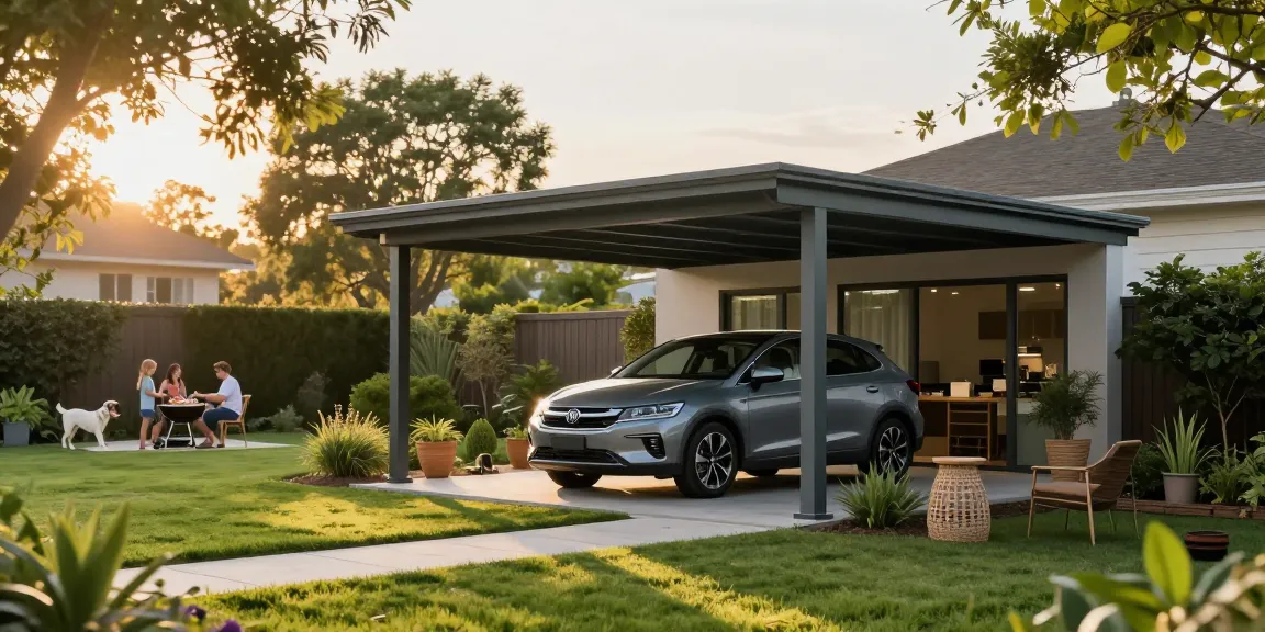 Moderne Carport-Installation unter Bäumen, Auto parkt darunter, einladende Atmosphäre mit grüner Landschaft, Familie grillt im Hintergrund.