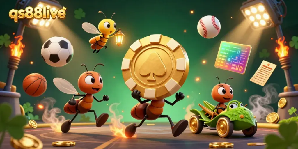 Experience the excitement of qs88live with a heist scene featuring cartoon ants, gold poker chip, and sports elements.
