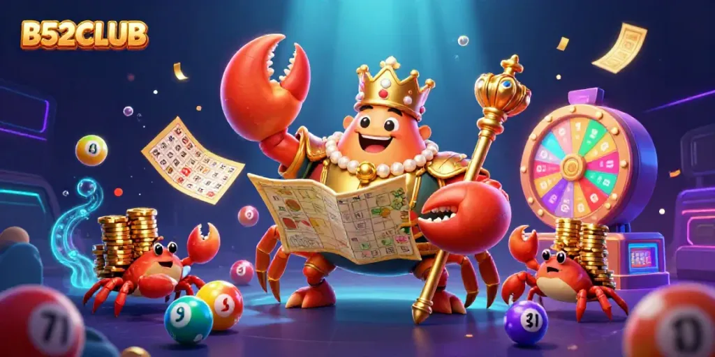 Engage with B52CLUB's vibrant 3D casino illustration featuring a golden crab emperor and dynamic lottery elements.