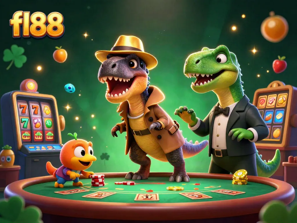 fl88 velociraptor card counter at a blackjack table amidst dynamic casino elements
