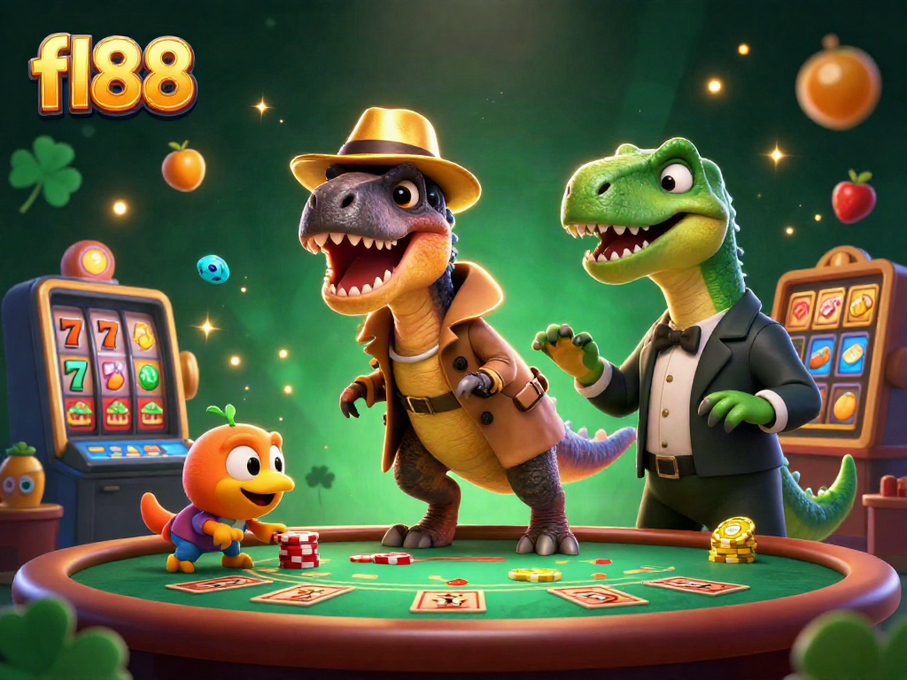 fl88 velociraptor card counter at a blackjack table amidst dynamic casino elements