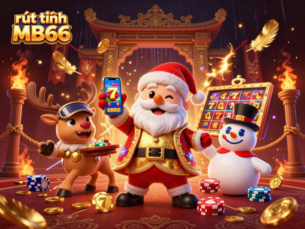 Experience rút tiền MB66 with a joyful Santa, a dealer reindeer, and a poker chip snowman in a vibrant casino scene.