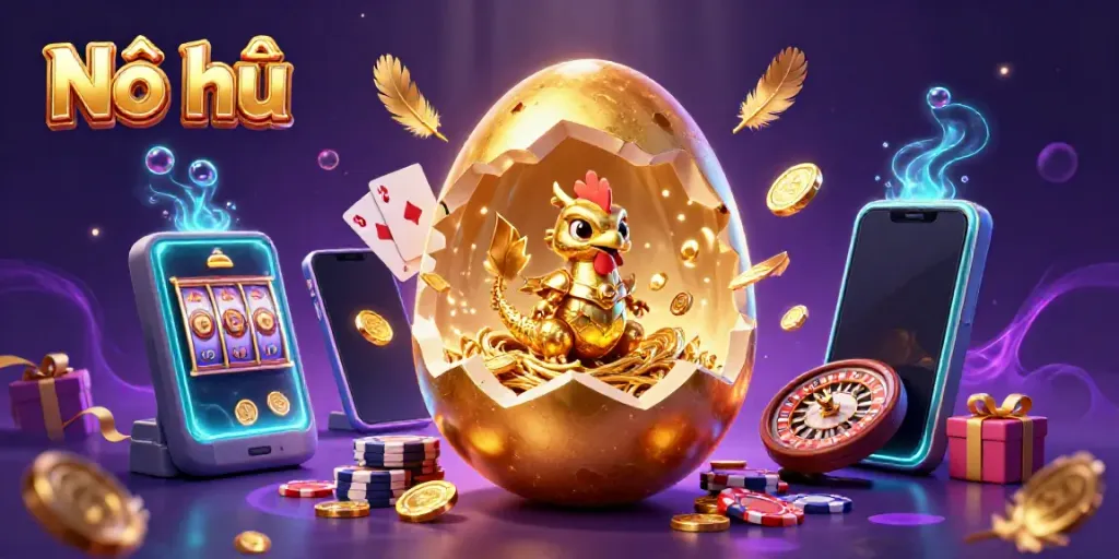 Experience Nổ hũ with a stunning golden dragon, poker chips, and vibrant casino elements.