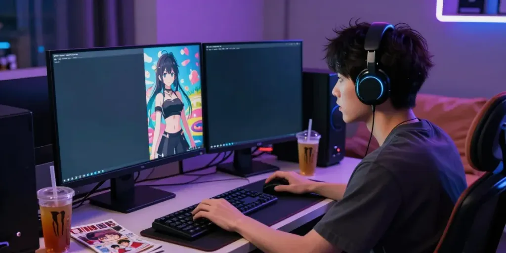 Engaging in AI hentai chat with a virtual anime character on a sleek computer.