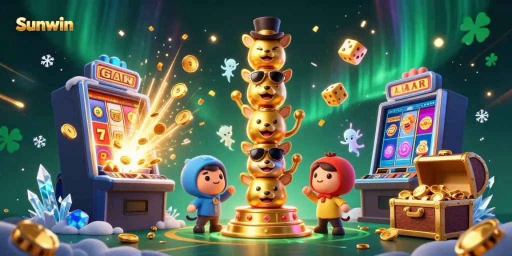 Experience the excitement of Sunwin with vibrant games and jackpots in this immersive 3D scene.