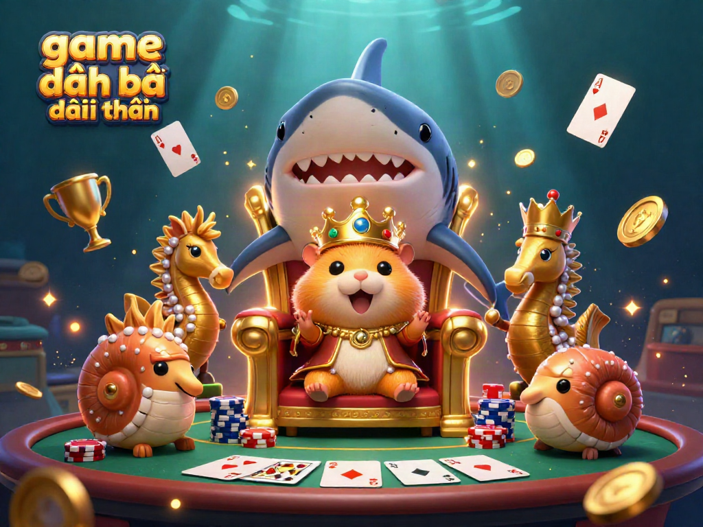 Engage in exciting game đánh bài đổi thưởng with a fierce golden hamster king surrounded by poker elements and swirling gold coins.