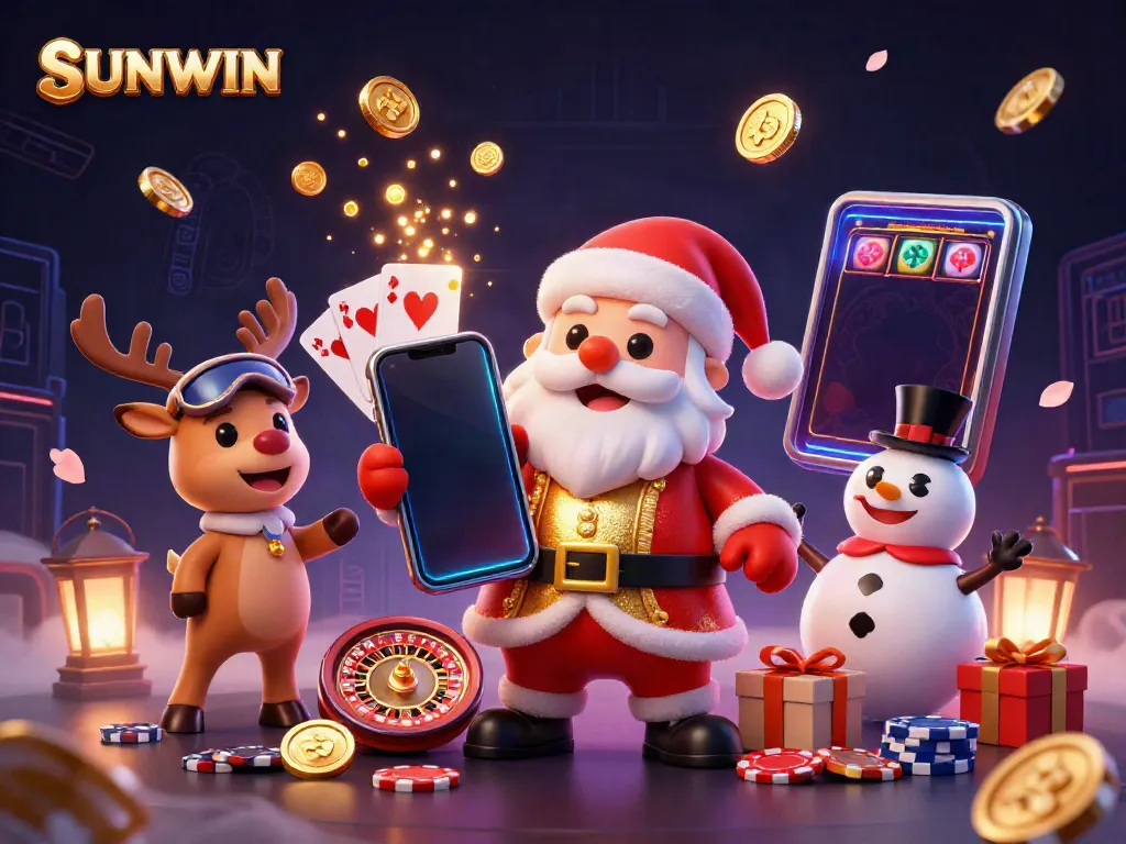 SUNWIN Santa Claus celebrates massive jackpot wins with casino-themed characters in a festive scene.