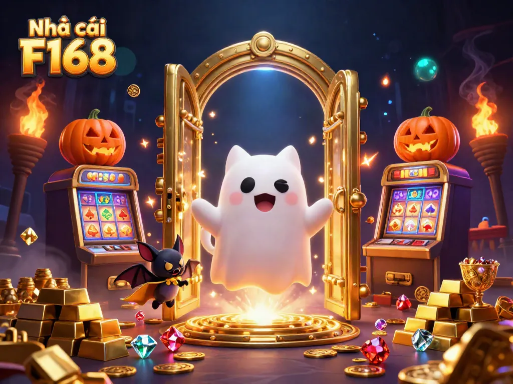 Experience the thrill with Nhà cái F168 in an ultra-detailed haunted casino scene, featuring a ghost cat and bat.