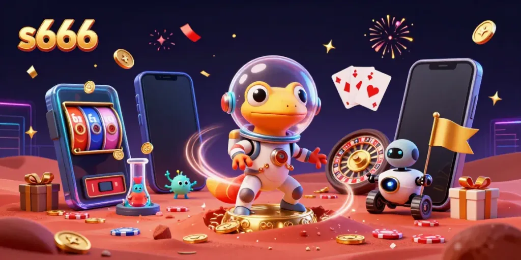 Experience the excitement of s666 with an alien gecko discovering a golden casino on Mars, surrounded by festive gaming elements.