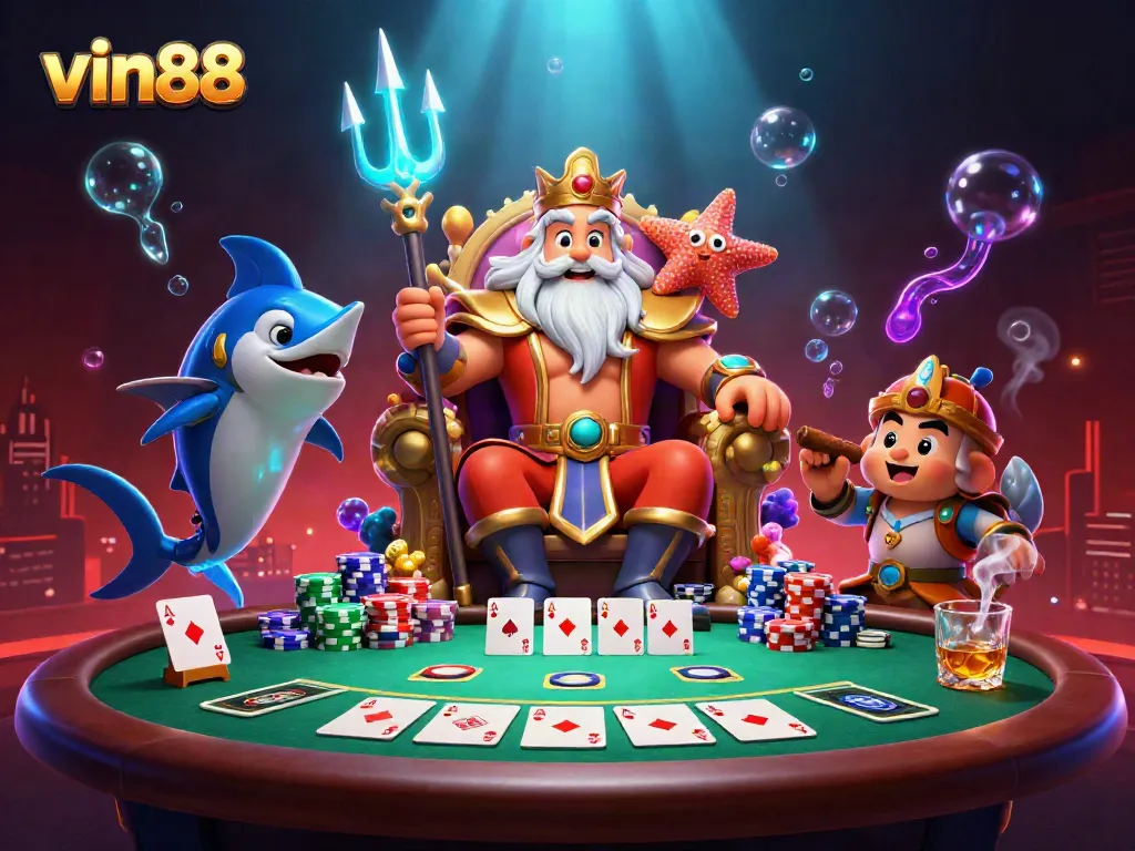 Experience thrilling betting at vin88 with Neptune and characters in a vibrant 3D casino scene.