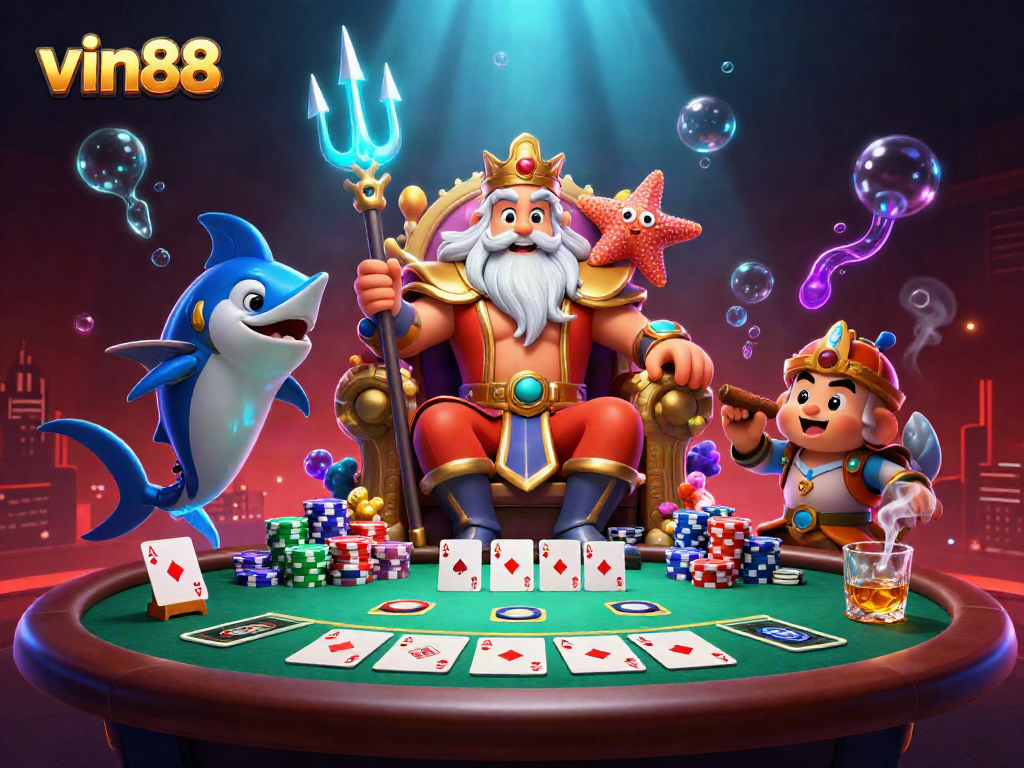 Experience thrilling betting at vin88 with Neptune and characters in a vibrant 3D casino scene.