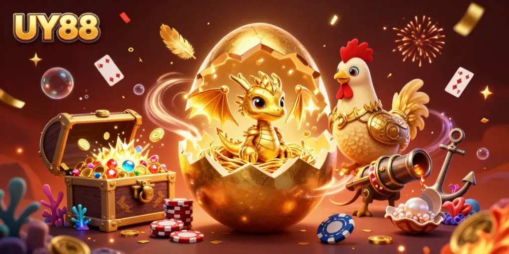 Win big at UY88 with a magical scene featuring a golden-dragon and poker chips.