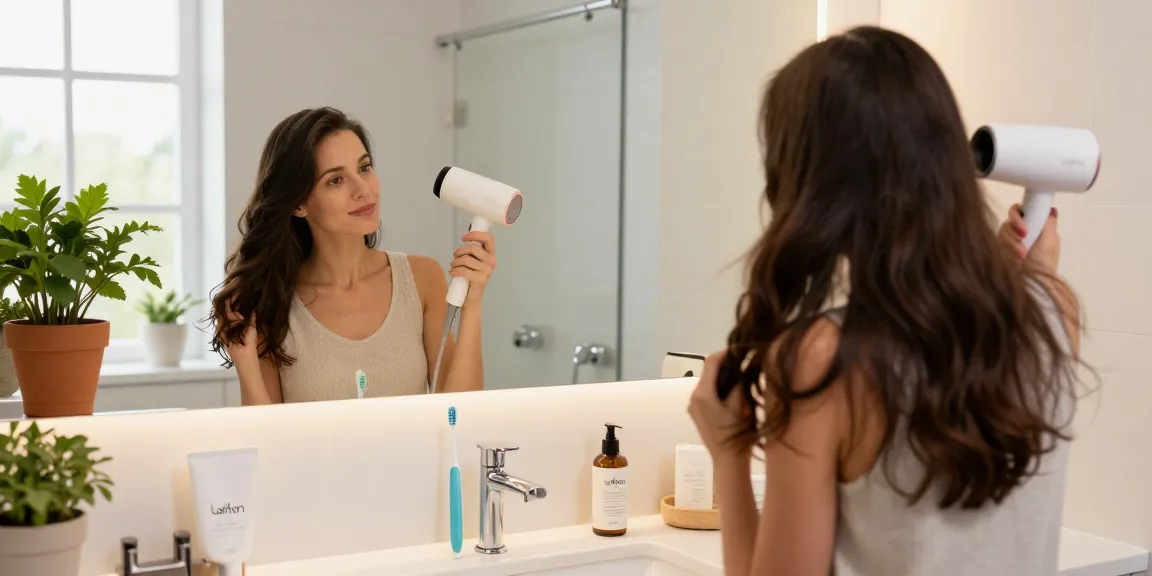 Die Anwendung des Laifen Föhn im eleganten Badezimmer mit modernen Pflegeprodukten.