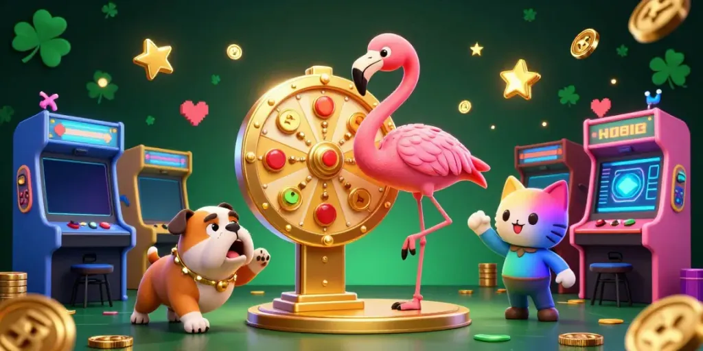 Exciting xoilactv gaming moment with a flamboyant flamingo host, bulldog contestant, and vibrant arcade elements.