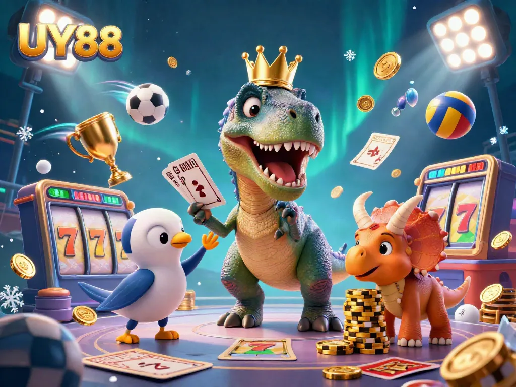 Experience thrilling games at UY88 with a T-Rex shuffling cards, vibrant slot themes, and dynamic action!