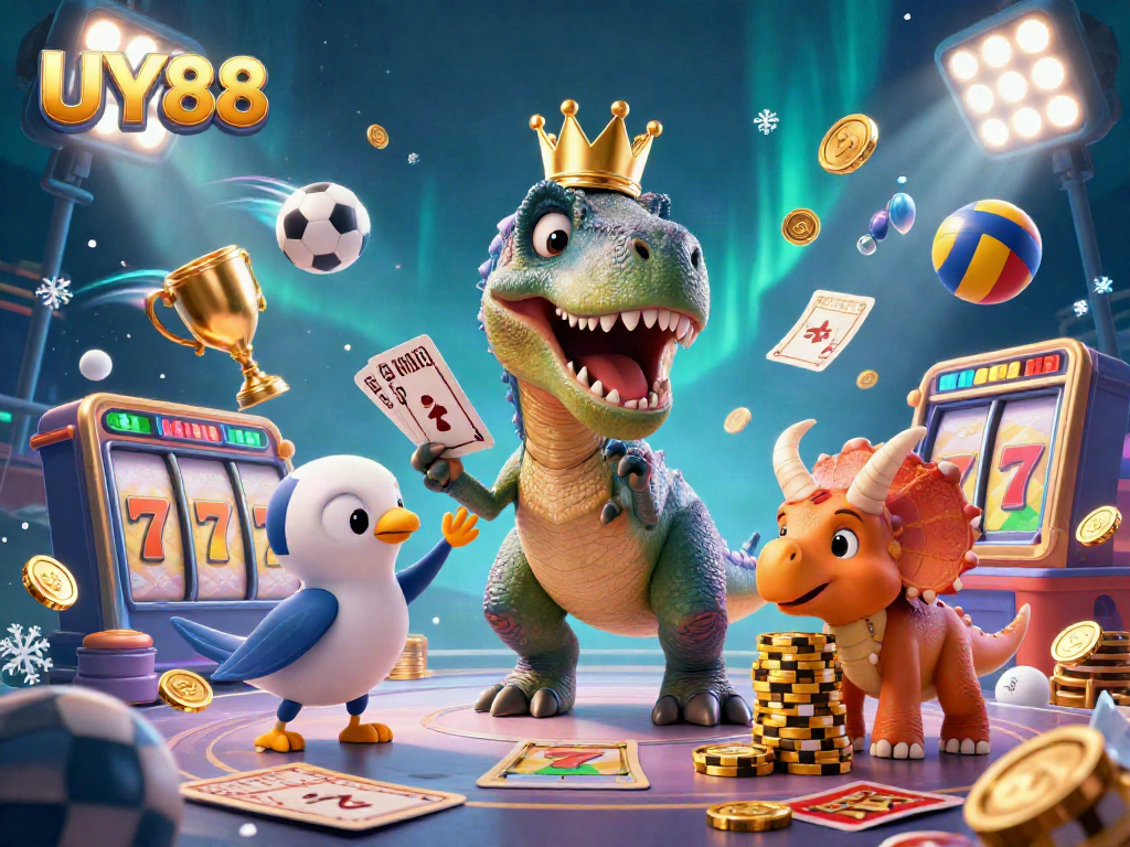 Experience thrilling games at UY88 with a T-Rex shuffling cards, vibrant slot themes, and dynamic action!