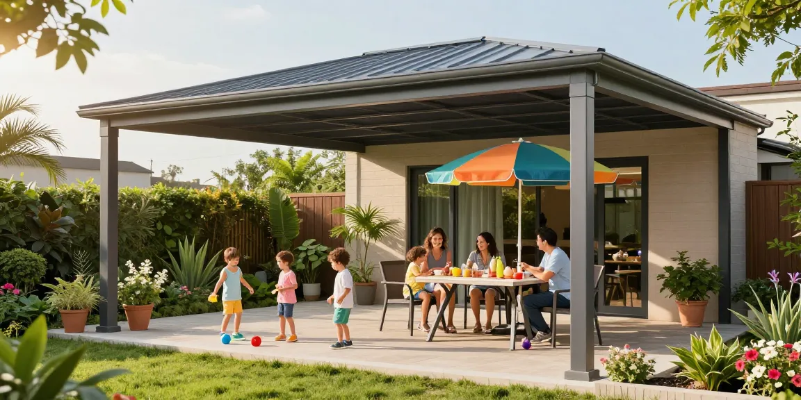Terrassenüberdachung aus Aluminium mit Familie bei Sonnenschein, spielende Kinder und entspannte Atmosphäre im Garten.