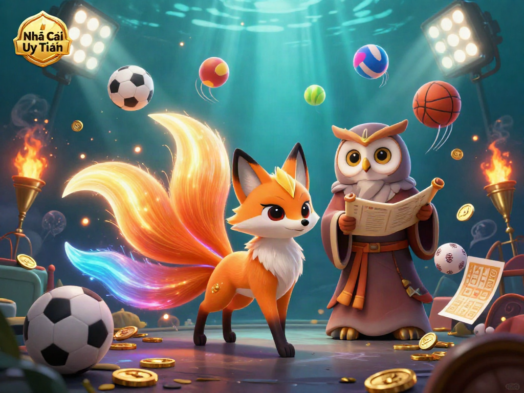 Engaging scene showcasing Nhà Cái Uy Tín with vibrant gambling elements and characters, including a fox spirit and owl sage.