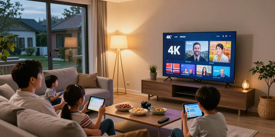 Family enjoying 4K IPTV Norway streaming on a cozy living room couch.