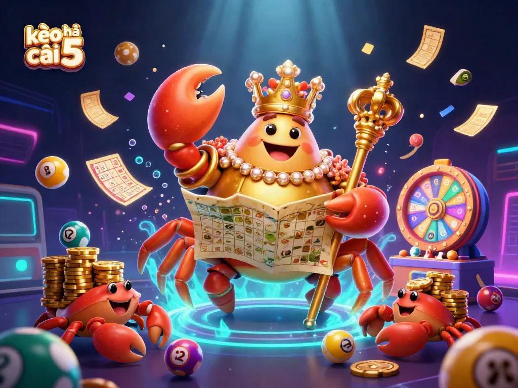 Experience the thrilling world of kèo nhà cái 5 with a vibrant casino scene featuring a golden crab emperor.