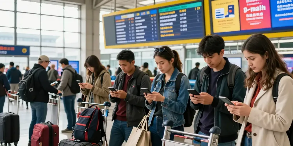 Personen, die günstige Zugtickets suchen, mit großen Gepäckstücken und Smartphones in einem belebten Bahnhof.