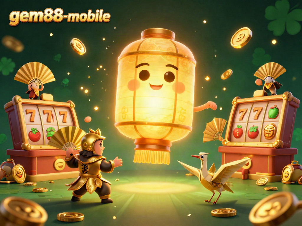 Experience the excitement of gem88-mobile with vibrant slot symbols and a glowing lantern spirit in a casino setting.