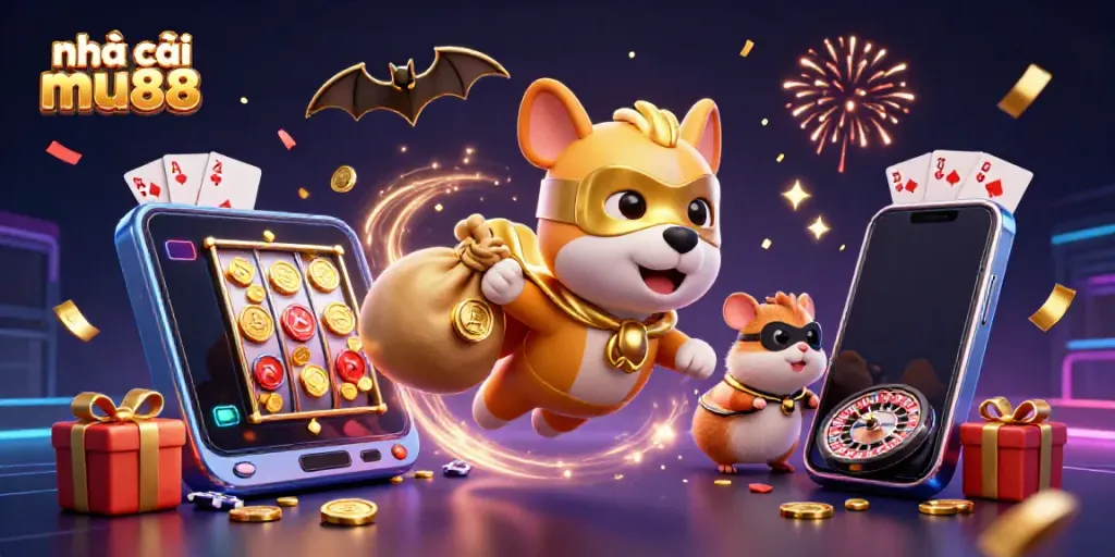 Engage with nhà cái mu88 through an exciting 3D gaming scene featuring a superhero dog and cinematic elements.