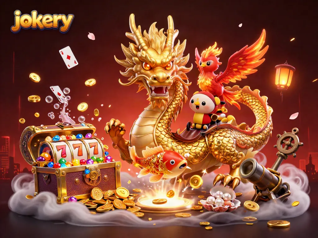 Engage with jokery as fierce dragon, phoenix, and koi fish celebrate jackpot wins together.