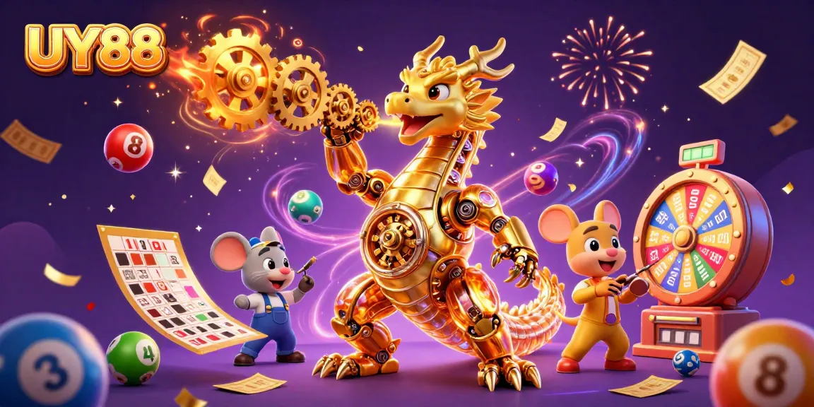 Play and win at UY88 with a golden dragon, colorful lottery balls, and exciting casino elements.