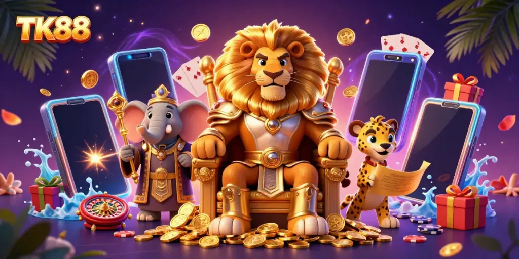 Engage in thrilling games at TK88 with vibrant 3D casino characters and dynamic gameplay elements.
